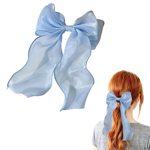 Elegant Satin Hair Accessories - Blue Bow Barrettes, Stylish Hairpins with Long Tail for Women and Girls