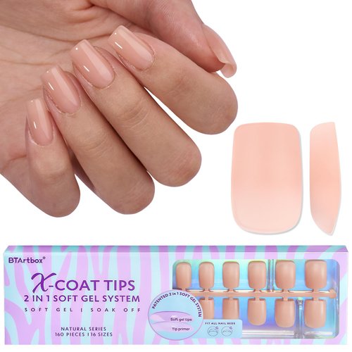 btartboxnails Short Sqaure Gel Nail Tips - Pre Colored Soft Gel Nail Tips, Nude Peach Press on Nails, Natural XCOATTIPS Pre Applied Tip Primer, Gel Nails Press on