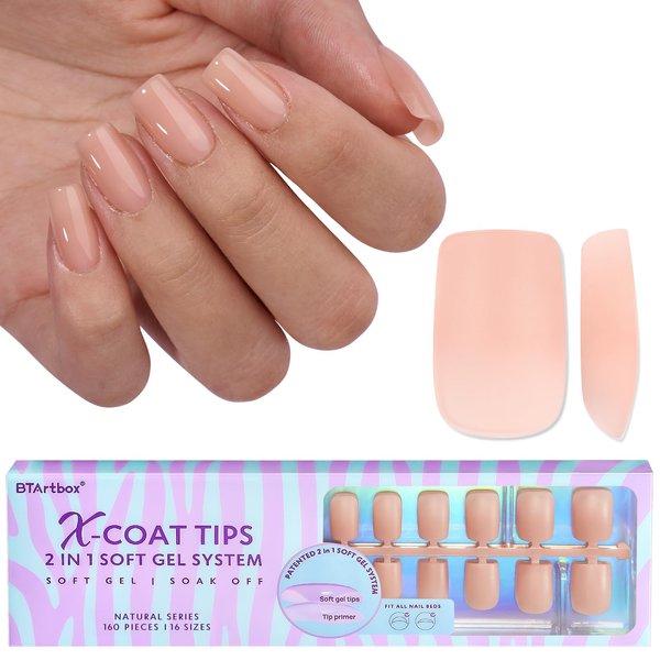 btartboxnails Short Sqaure Gel Nail Tips - Pre Colored Soft Gel Nail Tips, Nude Peach Press on Nails, Natural XCOATTIPS Pre Applied Tip Primer, Gel Nails Press on