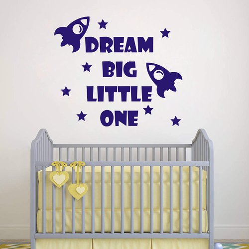 Quote Wall Decal, Dream Big Little One Decal, Baby Room Decor, Rocket Decal, Baby Boy Room Decor, Space Wall Decal, Nursery Wall Decals Y41 (Blue)