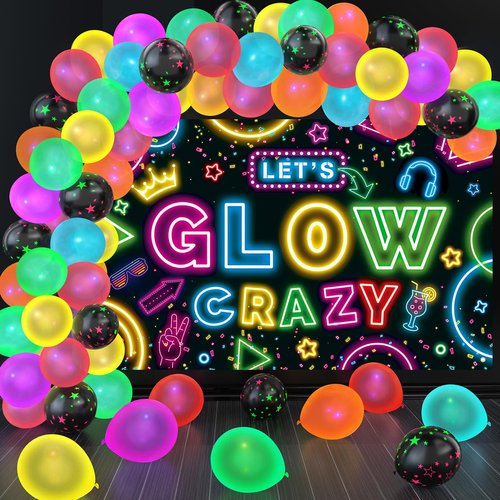 Jumpama Neon Glow Party Decorations Includes 60Pcs Glow in the Dark Balloons and 1Pcs Let's Glow Crazy Backdrop UV Neon Balloons Glow Party Banner Glow Party Supplies Neon Birthday Party Decorations