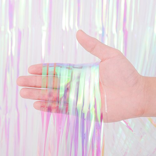 Voircoloria 2 Pack Iridescent Tinsel Foil Fringe Curtains, Iridescent Party Decorations, Metallic Tinsel Party Streamers Backdrop for Mermaid Birthday Baby Shower Slumber Wedding Party Decorations