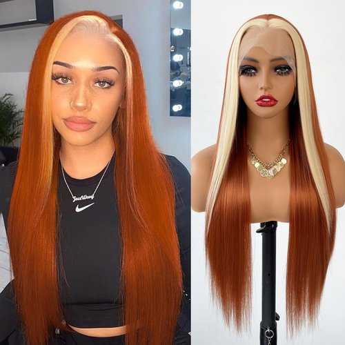 Oxeely Long Straight Hair Ginger Orange Color Blonde Highlights Wigs Synthetic Lace Front Wigs Natural Hairline Glueless Heat Resistant Lace Front Wigs for Fashion Women