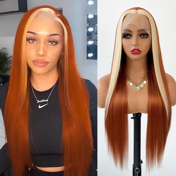 Oxeely Long Straight Hair Ginger Orange Color Blonde Highlights Wigs Synthetic Lace Front Wigs Natural Hairline Glueless Heat Resistant Lace Front Wigs for Fashion Women