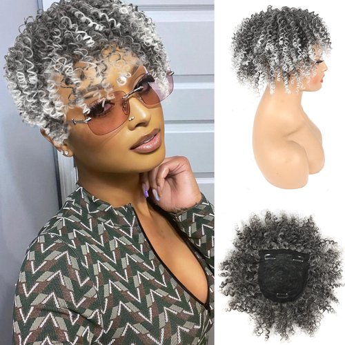 Short Afro Curly Hair Toppers for Women with Thinning Hair Clip in Bangs, Matthia Synthetic Ombre Silver Curly Hairpieces for Women Men Wiglets Hairpieces for Thinning Hair Extensions(1B/Gray#)