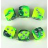 Green and Yellow Gemini with Silver Pips 16mm D6 Dice Set of 6 Wondertrail WCX26654E6
