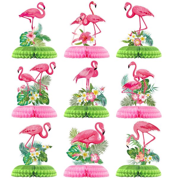 Funtery 9 Pcs Flamingo Centerpieces for Tables Hawaii Luau Honeycomb Centerpieces Flamingo Party Decorations Tropical Aloha Party Table Topper for Kid Flamingo Birthday Party Supplies Table Decoration