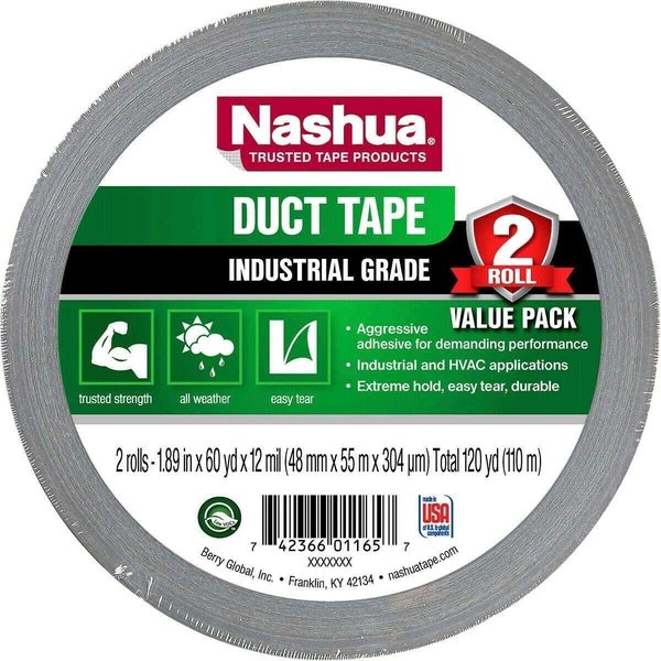 Nashua 398/SI260 398 Professional Grade Duct Tape, 27 lb. per inch Tensile Strength, 60 yd. Length x 2" Width, Silver