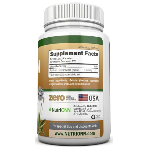 NutriONN PSYLLIUM Husk Capsules - 1450mg Per Serving - 240 Capsules - Double Strength - Premium Psyllium Fiber Supplement - Great for Digestion and Regularity - 100% Natural Soluble Fiber