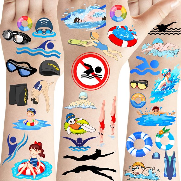 PIBIPAID 360 Swimming Tattoos Temporary Stickers -Swimming Party Supplies Decorations Swimming Action Sport Themed Birthday Baby Shower Party Sticker