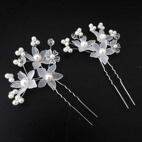 AKOAK 5 Pcs Bride Tiara Handmade Pearl Head Flower Hair Clip Fork Pearl Flower Braid Hair Disc U-Shaped Small Hairpin Head Accessories (White)