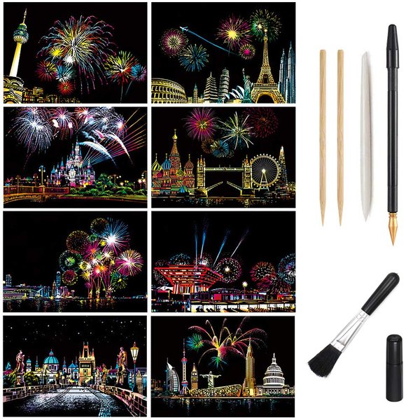 Magic Scratch Art Paper, Mini Envelope Postcard, Rainbow Night View Scratchboard for Adults and Kids, Art & Crafts Set: 8 Sheets Scratch Cards & 6 Tools Drawing Pen, Clean Brush (Gorgeous Fireworks)