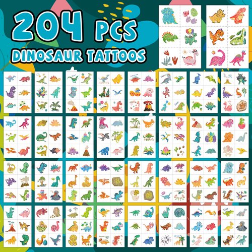 EMOME 204 PCS Dinosaur Glitter Tattoos, Kids FakeTattoos Temporary Stickers for Boys Pre-cut, Dinosaur Birthday Party Supplies Favors Games Decorations