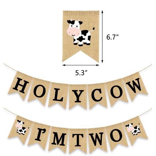 Holy Cow I'm Two Banner Farm 2nd Birthday Party Decoration Barnyard Burlap Garlands Western Boy Girl Second Birthday Supplies Black
