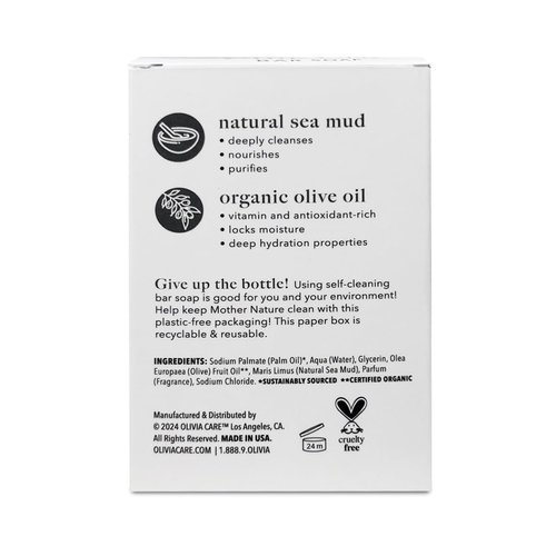 Olivia Care Sea Mud Bar Soap 100% Natural, Vegan & Organic - For Face & Body -Nourish, Exfoliate, Hydrate, Moisturize & Deep Clean - Leave Skin Purified & Glowing - 8 OZ