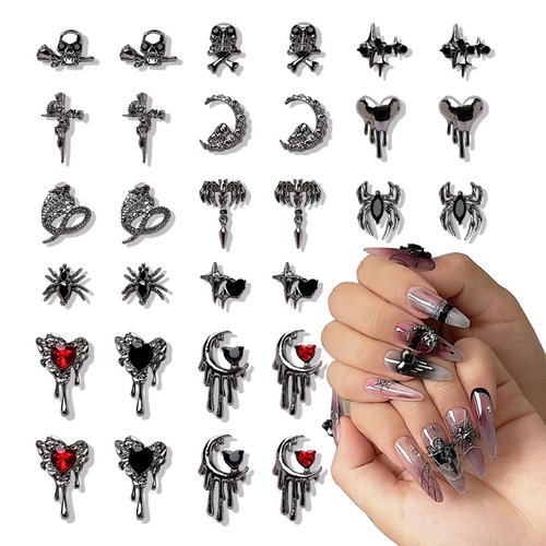 Eseres 30Pcs Nail Charms 3D Vintage Punk Nail Art Charms for Acrylic Nail DIY Black Red Rhinestones Gothic Nail Art Decorations