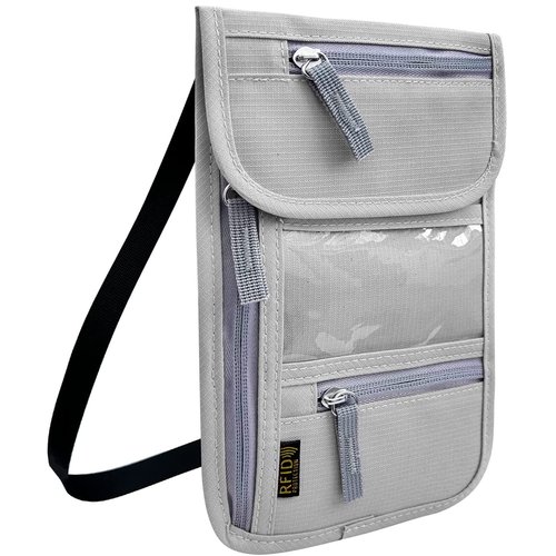 Travel Neck Wallet, RFID Blocking Passport Holder with Adjustable Neck Strap for Men and Women to Keep Cash, Credit Cards and Travel Documents Safe - Grey