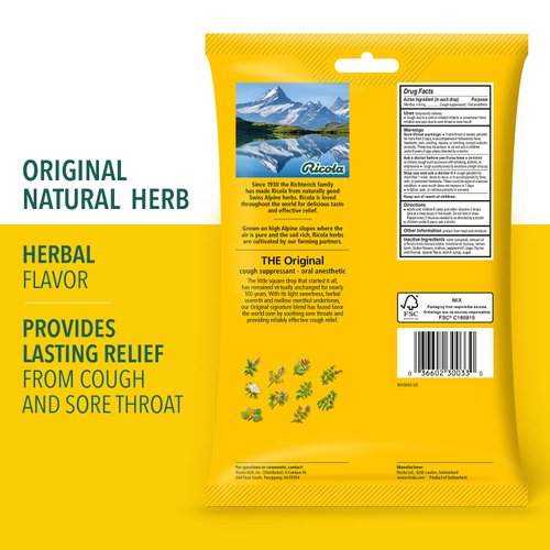 Ricola Original Herb Cough Drops, 45 Count, Cough Suppressant & Throat Relieving Drops with Naturally Sourced Menthol, Pleasing Herbal Taste for Coughs & Throat Irritation Symptom Relief