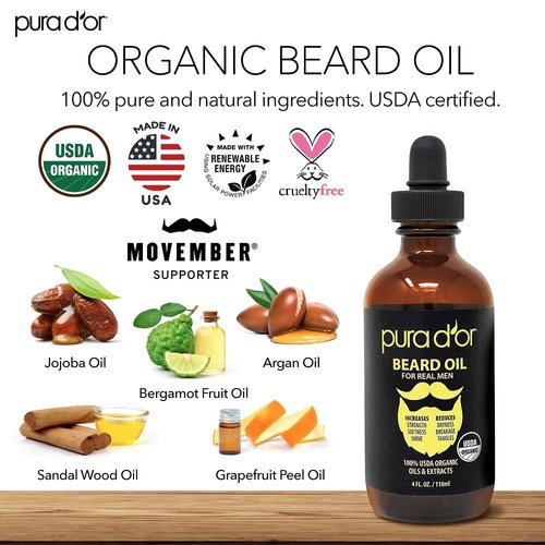 PURA D'OR Organic Beard Oil (4oz / 118mL) 100% Pure- USDA Certified- Natural Leave-In Conditioner, Argan & Jojoba Oil- Mustache Care & Maintenance, Increase Softness & Strength (Packaging may vary)