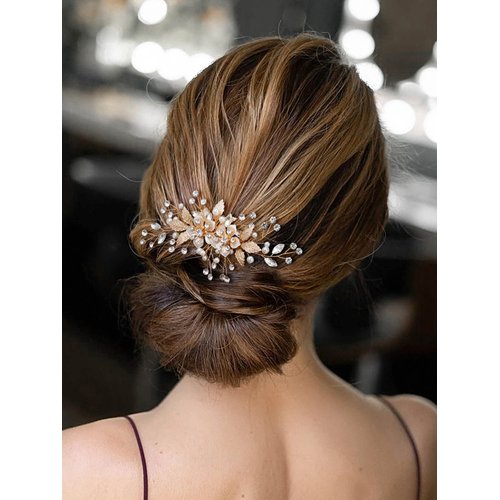SWEETV Flower Bride Wedding Hair Comb Pearl Bridal Crystal Leaf Gold Headpiece Rhinestones Handmade Jewelry for Women and Girls