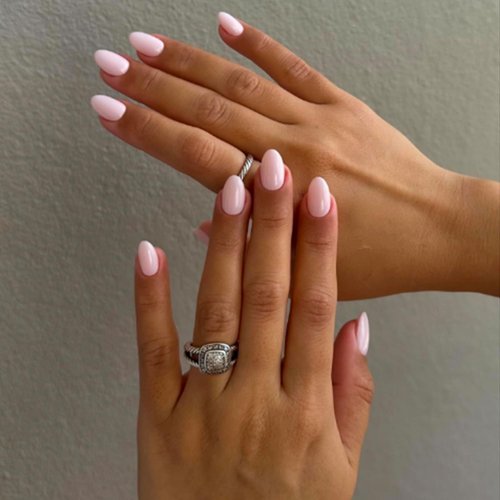 Almond Press on Nails Short,Pink White Fake Nails Solid Color RIICFDD Oval False Nails Artificial Nails Glossy Stick on Nails Full Cover Reusable Glue on Nails for Women Acrylic Nails 24 Pcs
