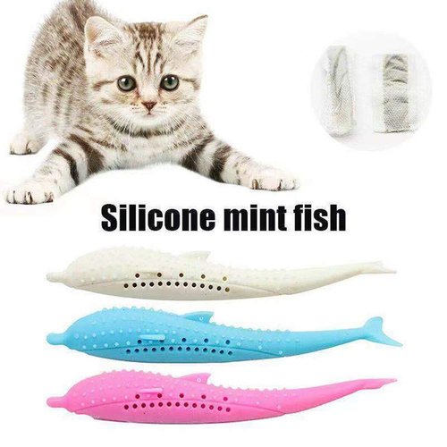 Arinda Silicone Fish Shape Cat Toothbrush Teething Toy with Catnip Pet Toys