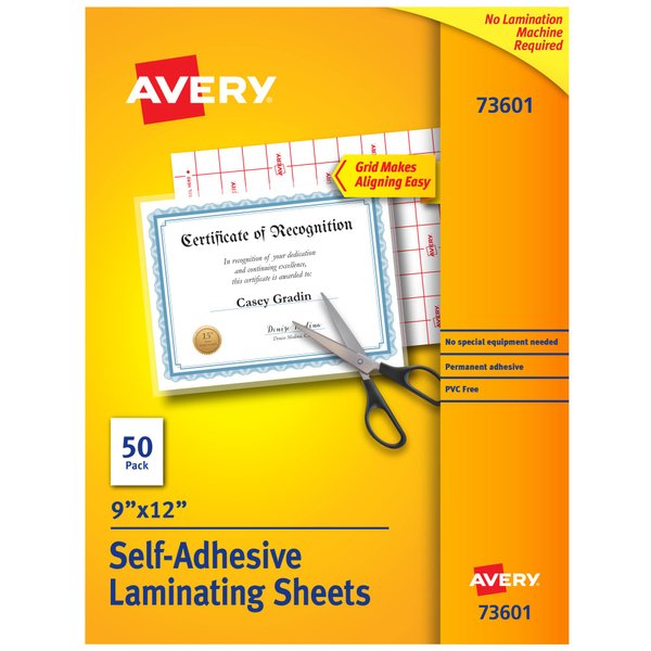 Avery 73601 Self-Adhesive Laminating Sheets, 9 x 12 Inch, Permanent Adhesive, 50 Clear Laminating Sheets