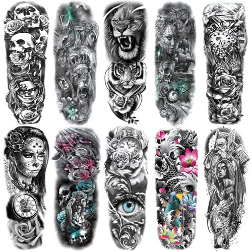 10 Sheets Temporary Tattoo for Men and Women (L19“xW7”), Full Arm Fake Tattoos for adults,Waterproof Realistic Sleeve Tattoos Long lasting