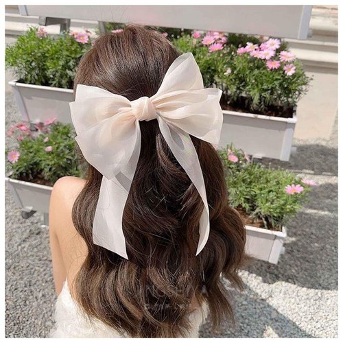 Iaceble Satin Bow Hair Clip (White) - Barrette French Ribbon Hairclip for Women and Girls, Decorative Hair Accessory with Bow Embellishment