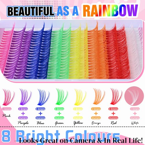 Colored Lash Clusters 300Pcs Individual Lashes D Curl 14mm/16mm Mixed 8 Colors Rainbow DIY Eyelash Extension Colorful Cluster Lashes with White Eyelash Clusters Pack