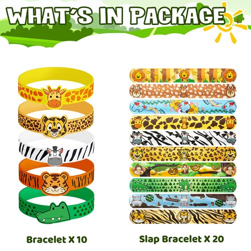 DMIGHT Jungle Safari Party Favors 30 Pcs Wild Animals Slap Bracelets and Rubber Wristband for Kids Birthday Gifts, Wild Theme Party favors for Kids Birthday Party Jungle Safari Party Supplies