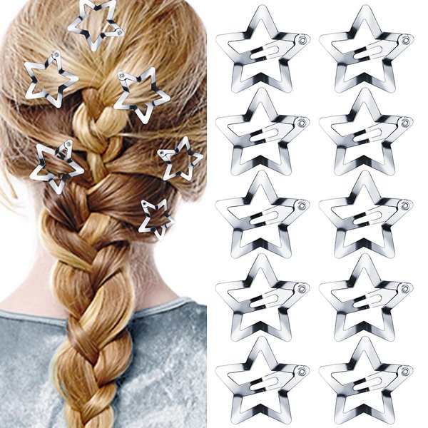 Metal Star Snap Hair Clips Silver Cute Small Hair Barrettes Y2K Star Hair Clips Hair Access Non-slip Hollow for Kids Hairpin Lovely Star Headpieces for Everyday Fashion and Party 10PCS