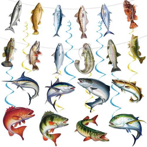 Gone Fishing Party Decorations Include Hanging Banner and Hanging Swirl Fishing Party Supplies Fishing Theme Birthday Party Decor