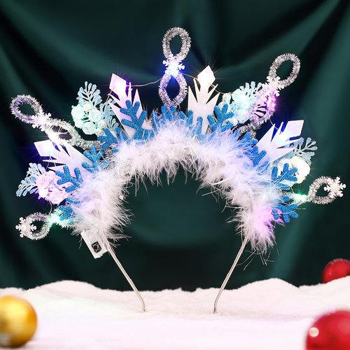 Urieo Christmas Snowflake Light up Headband White Beads Headbands with LED Lights Beaded Fluffy Ball Costume Party Hair band for Women