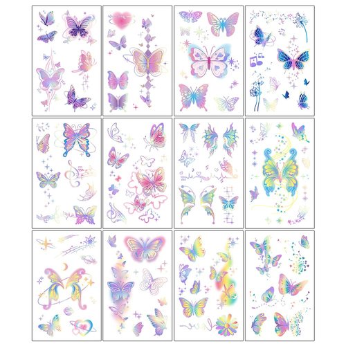 Oottati 12 Sheets Glitter Cute Temporary Tattoos Rainbow Butterfly Heart Music Dandelion Star Suit for Kids Adults