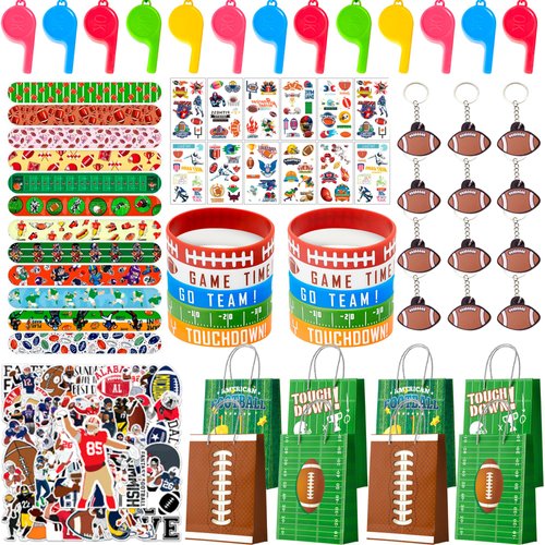 Football Party Favors, 122pcs All-In-One Football Themed Party Favors Set, Football Keychains Bags Bracelets Stickers Whistle Erasers etc Rugby Party Favors for Super Football Party Decorations