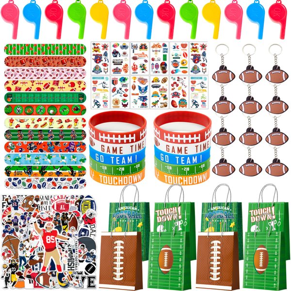 Football Party Favors, 122pcs All-In-One Football Themed Party Favors Set, Football Keychains Bags Bracelets Stickers Whistle Erasers etc Rugby Party Favors for Super Football Party Decorations