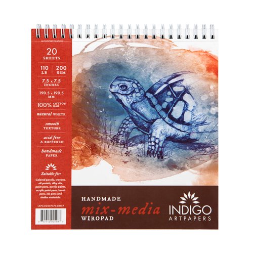 Indigo Artpapers Mixed Media Sketchbook Pad, 20 Sheets 7.5x7.5 (110lb/200g) | Handmade 100% Cotton Rag Mixed Media Paper, Hot Pressed Acid-Free Watercolor Paper, Multimedia Sketchbook Mixed Media Pad