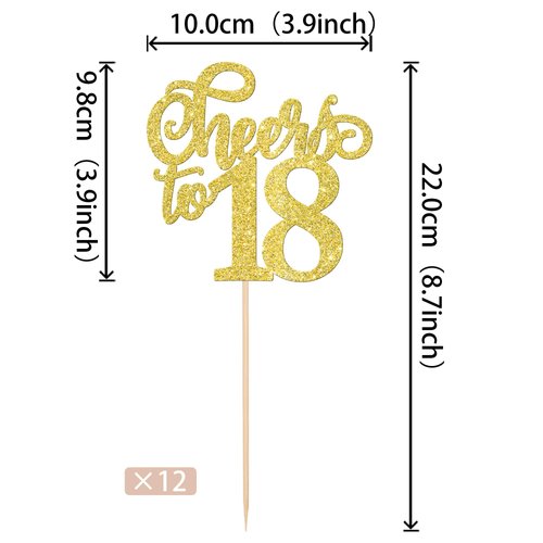 12 PCS Cheers to 18 Centerpiece Sticks Double Sided Glitter 18th Birthday Cake Toppers Number 18 Centerpieces Table Flower Topper Decorations for 18th Birthday Party Centerpiece Supplies Gold
