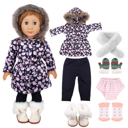 MSYO 18-inch Doll Down Jacket, Doll Winter Clothing Set, 5 Different Colors and Patterns Available. (Deep Blue-Swan Print)