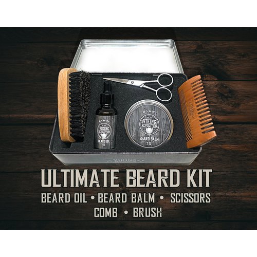 Viking Revolution Beard Care Kit for Men - Kit includes 100% Boar Beard Brush, Wooden Comb, Beard Balm, Beard Oil, Beard & Mustache Scissors in a Metal Box