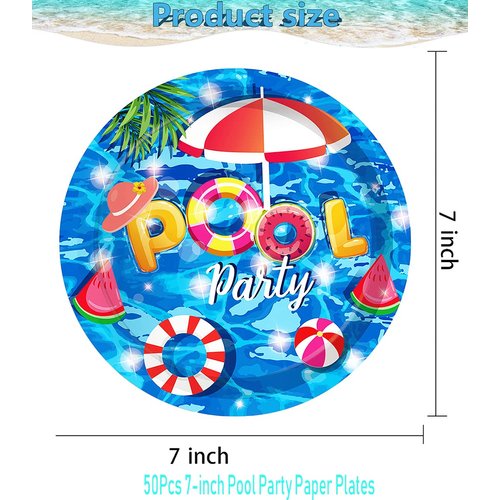 50 Pcs Pool Party Tableware Plates,Pool Party Supplies Beach Party Supplies,7"Summer Pool Party Paper Plates for Summer Beach Theme Pool Birthday Party Decorations