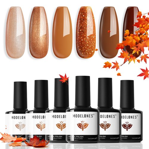 Modelones Fall Gel Nail Polish Set, 6 Colors Gel Polish Kit Pearl Nude Brown Shimmer Glitter Orange Red Nail Polish Gel, 2024 Halloween Nails Soak OFF LED Gel Nail Kit Manicure Nail Art Gel DIY Salon
