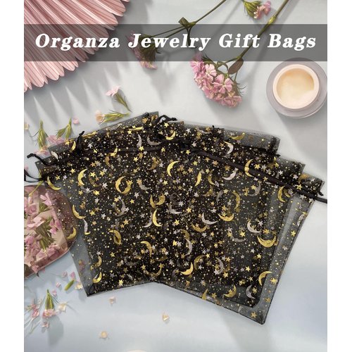 Jexila 100PCS Black Organza Bags 5''X7'' Small Mesh Gift Bags Drawstring Jewelry Bag for Birthday Wedding Party Favor Halloween Goodie Candy Bags
