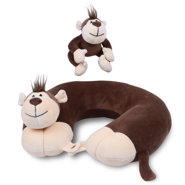 Kids Neck Pillows for Travel & Monkey Stuffed Animal, Neck Chin Support, Car Pillow Kids, Child Roadtrip, Flight & Car Head Rest, Soft Velvet Firm Kids Neck Pillow for Travel Toddler Girl Boy