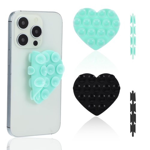 Nogeqi 2PCS Silicone Suction Phone Grip, Heart Shape Suction Phone Case, Double Sided Suction Cup Phone Case, Back of Phone Suction Grip for Mobile Devices(Black, Mint Green)