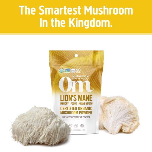 OM Mushroom Superfood | Lion's Mane | USA Grown Organic Mushrooms |Memory, Focus, Clarity, Nerve Health, & Mood Support | 3.5 oz, 50 Servings Powder Supplement Pouch