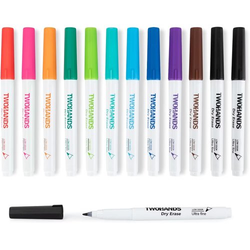 TWOHANDS Dry Erase Markers Ultra Fine Tip,0.7mm,Low Odor,Extra Fine Point,11 Assorted Colors,Whiteboard Markers for School,Office,Home,or Planning Whiteboard,12 Count,20529