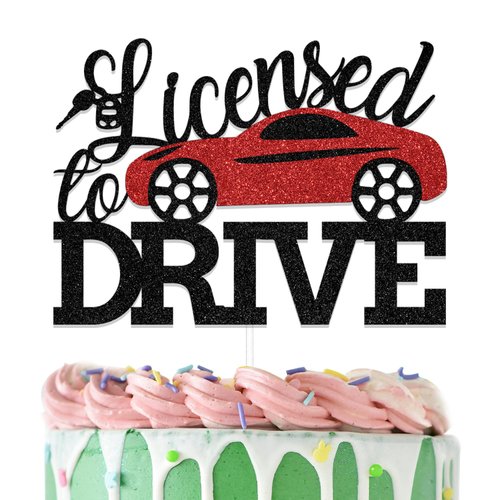 Licensed to Drive Cake Topper, New Driver Birthday Cake Decorations, 16th Birthday Decorations for Boys, Happy 16th Birthday Party Decor Supplies Black