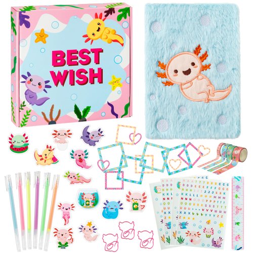 CY2SIDE 44PCS Axolotl DIY Journal Kit Set for Kids Axolotl Plush Scrapbook Diary Journaling Stationery Set for Writing Make Your Own Scrapbook with Crafts Idea Birthday Gifts for Teen Girls DIY Gifts